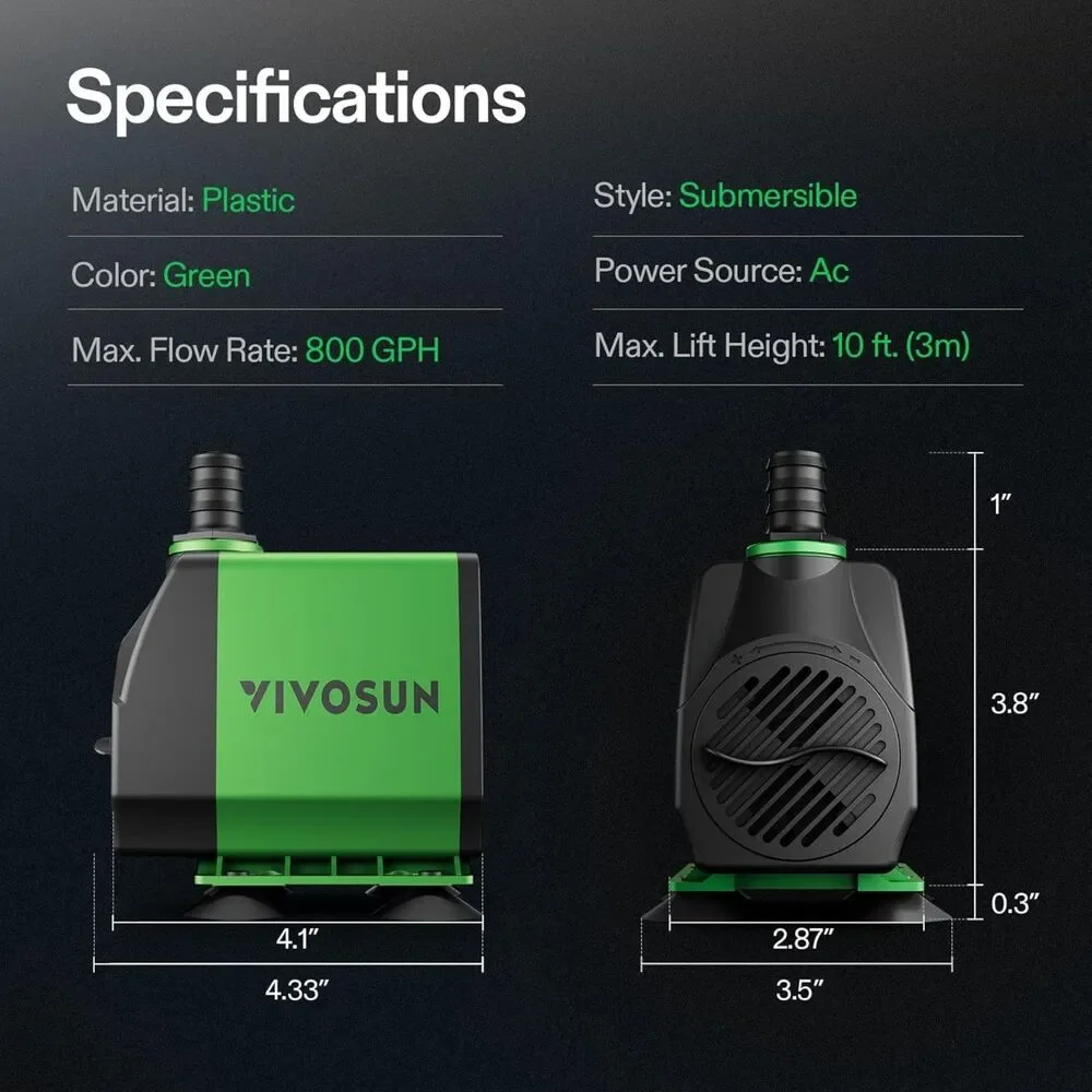 VIVOSUN 800GPH Submersible Pump - Quiet Hydroponic & Pond Water Pump